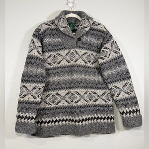 Vintage Lauren Ralph Lauren Sweater Hand Knit 100% Wool Black Gray Geometric Med